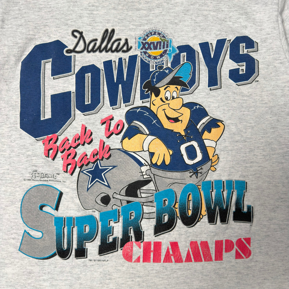 Vintage Dallas Cowboys Flintstones Back-to-Back Super Bowl Champs Heather Gray T-Shirt - M