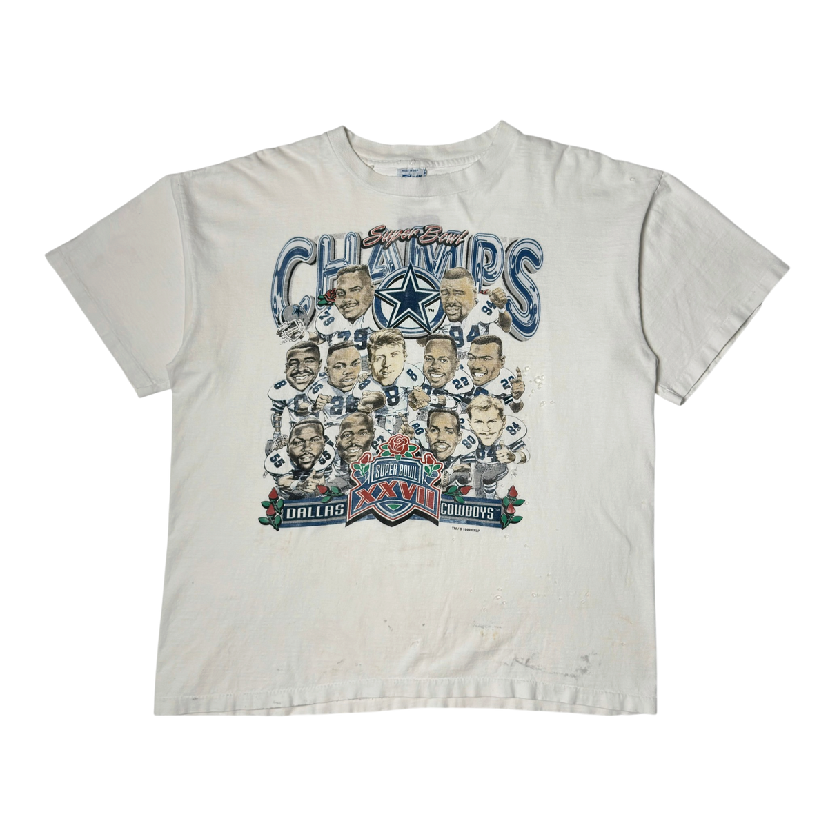 Vintage Distressed White Dallas Cowboys Super Bowl Champions Caricature T-Shirt - XL
