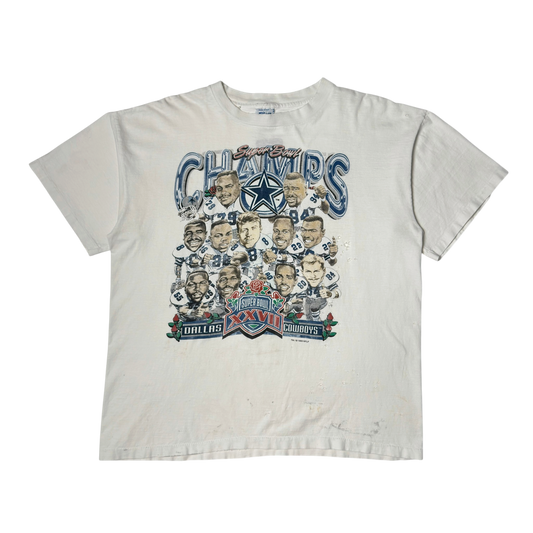 Vintage Distressed White Dallas Cowboys Super Bowl Champions Caricature T-Shirt - XL