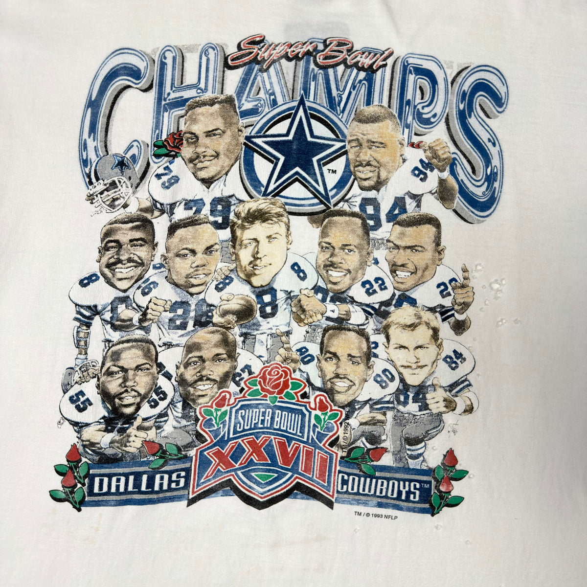 Vintage Distressed White Dallas Cowboys Super Bowl Champions Caricature T-Shirt - XL